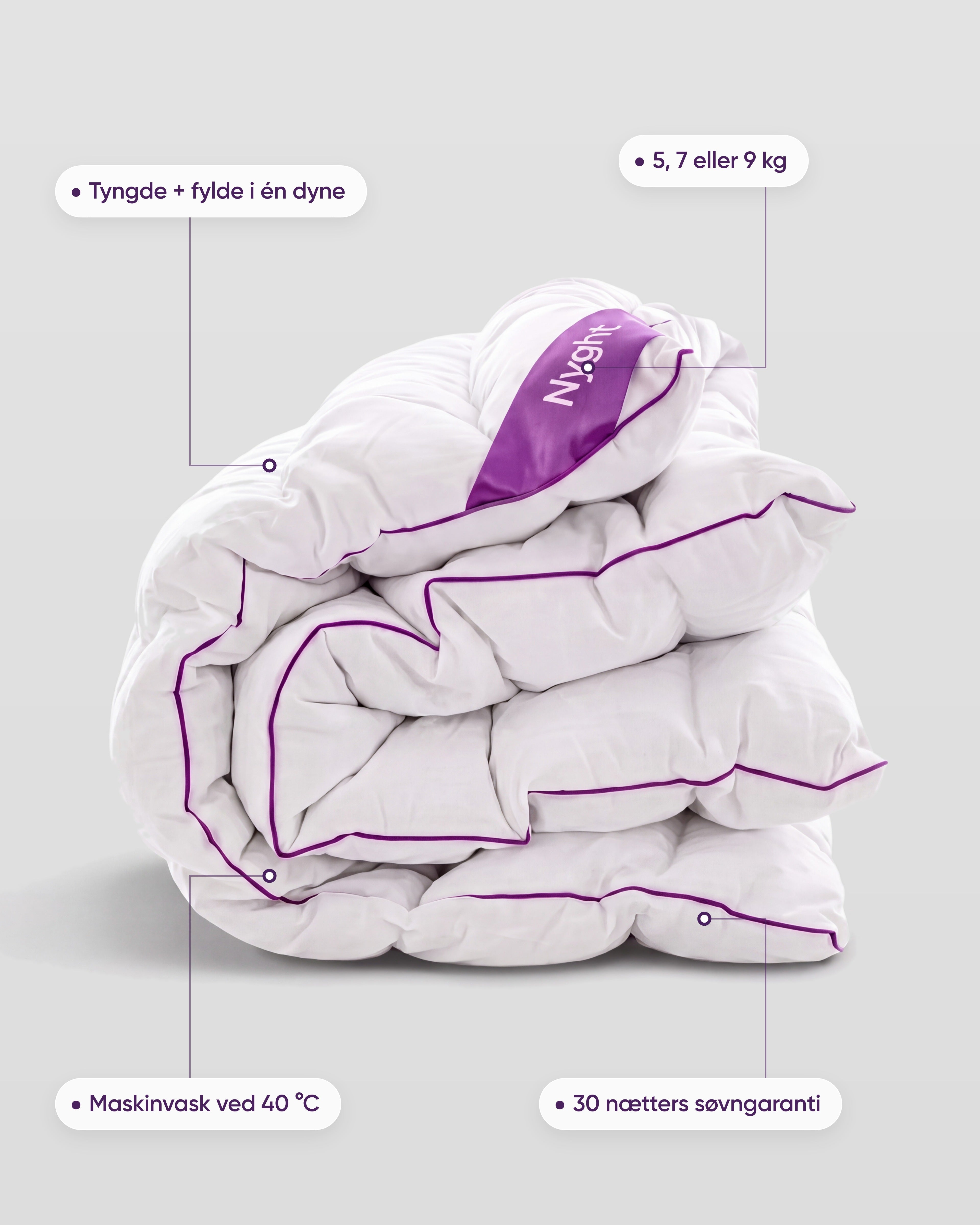 Hybridduvet: tyngde og fylde i én dyne, 5, 7 eller 9 kg, maskinvask ved 40 °C, 30 nætters søvngaranti